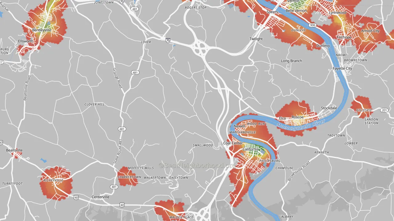 Walk Grade map of 15423, PA, walkable areas in green and car-dependent areas in red