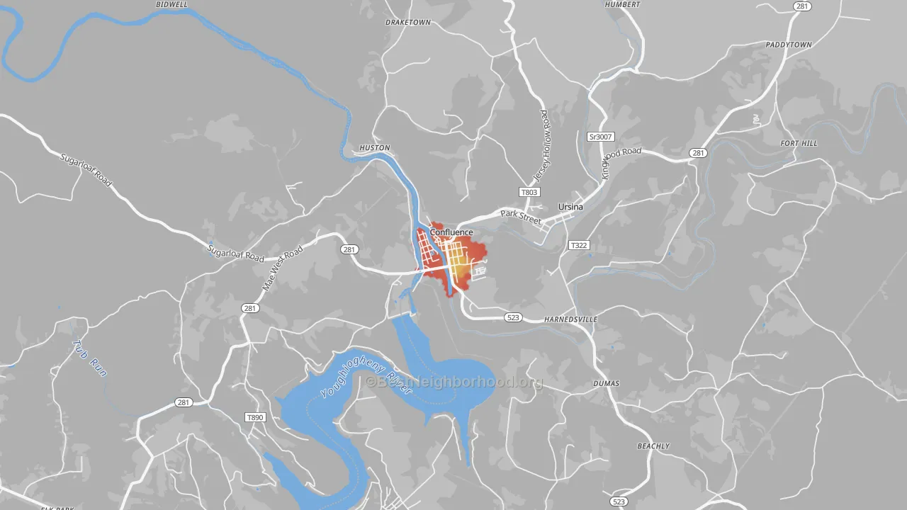 Walk Grade map of 15424, PA, walkable areas in green and car-dependent areas in red