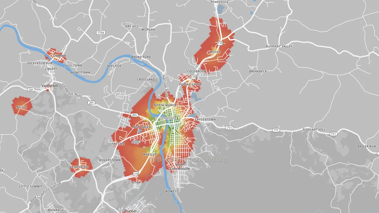 Walk Grade map of 15425, PA, walkable areas in green and car-dependent areas in red