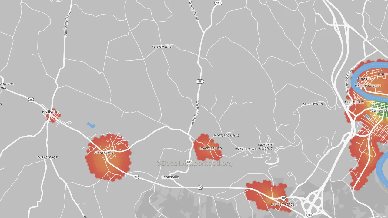 Walk Grade map of 15427, PA, walkable areas in green and car-dependent areas in red