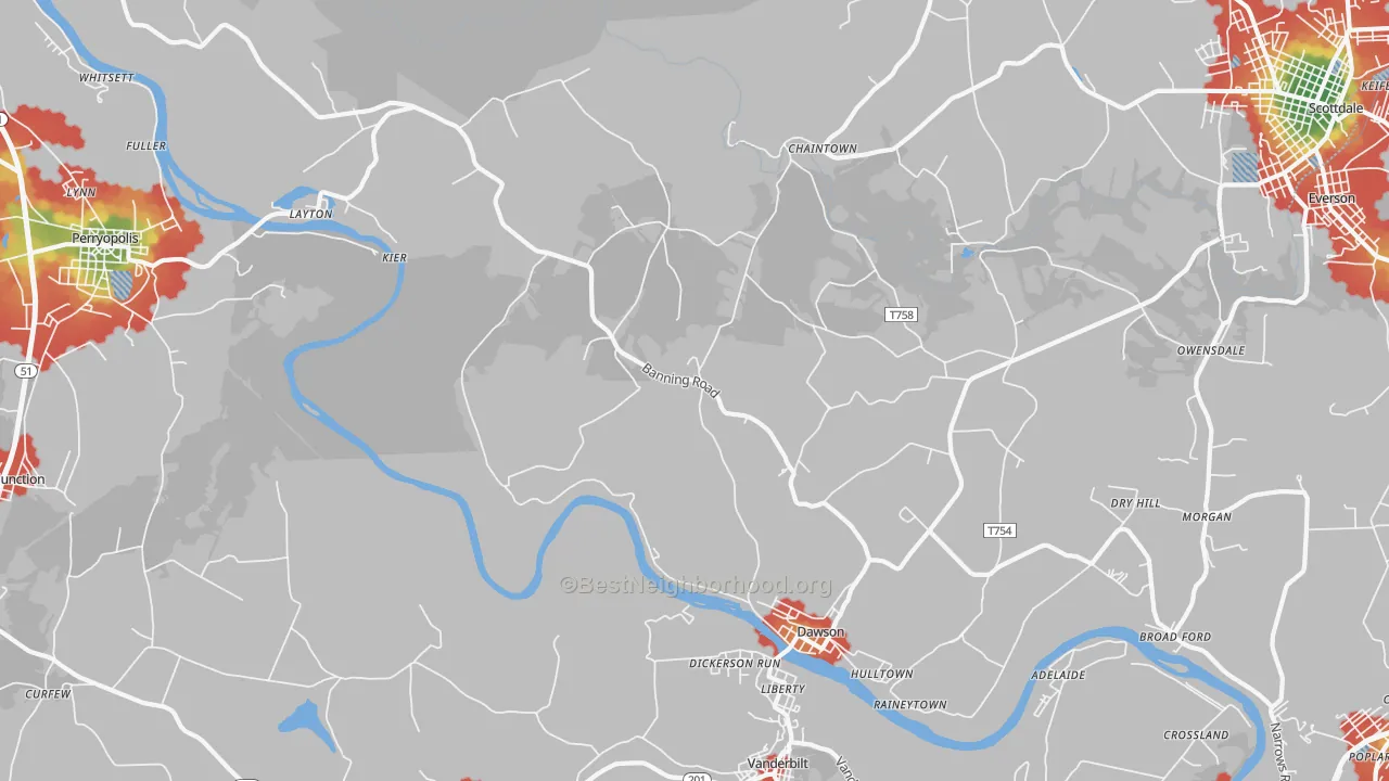 Walk Grade map of 15428, PA, walkable areas in green and car-dependent areas in red