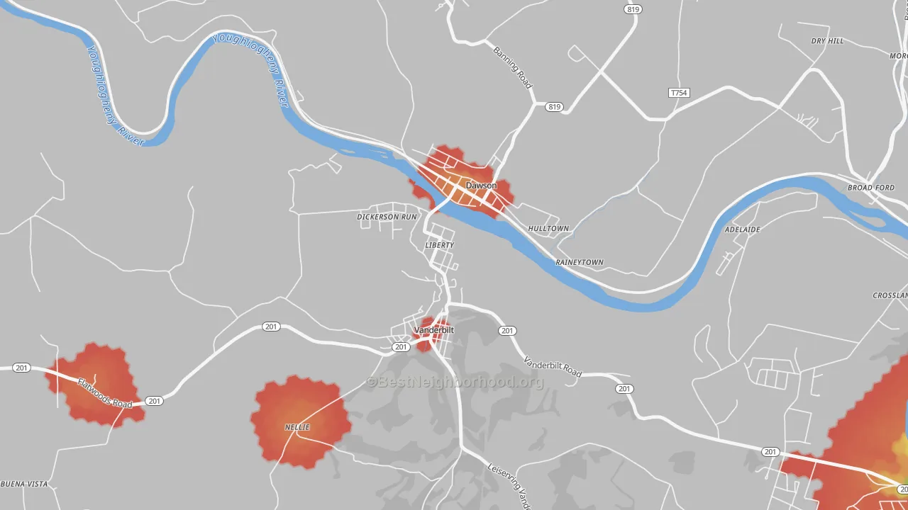 Walk Grade map of 15430, PA, walkable areas in green and car-dependent areas in red