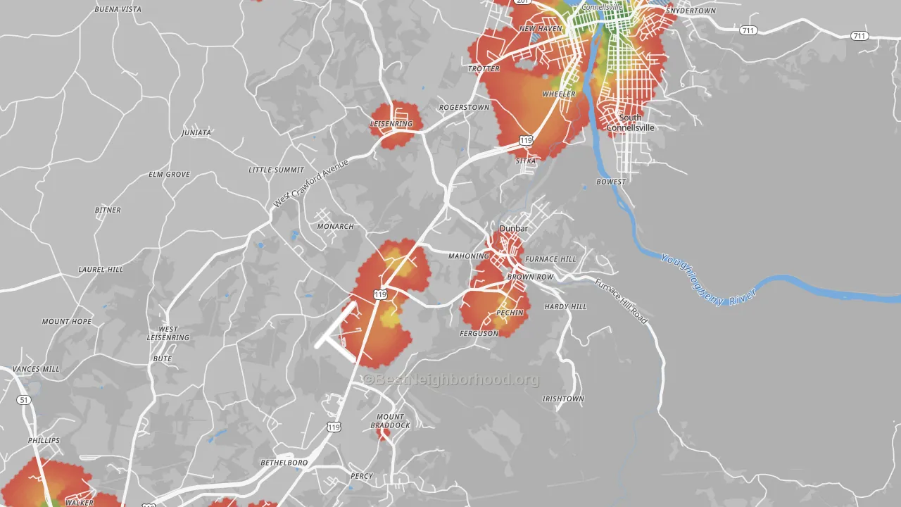 Walk Grade map of 15431, PA, walkable areas in green and car-dependent areas in red