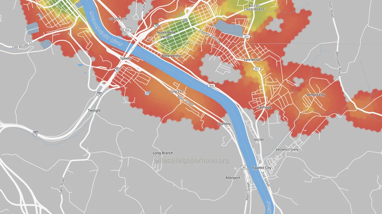 Walk Grade map of 15432, PA, walkable areas in green and car-dependent areas in red