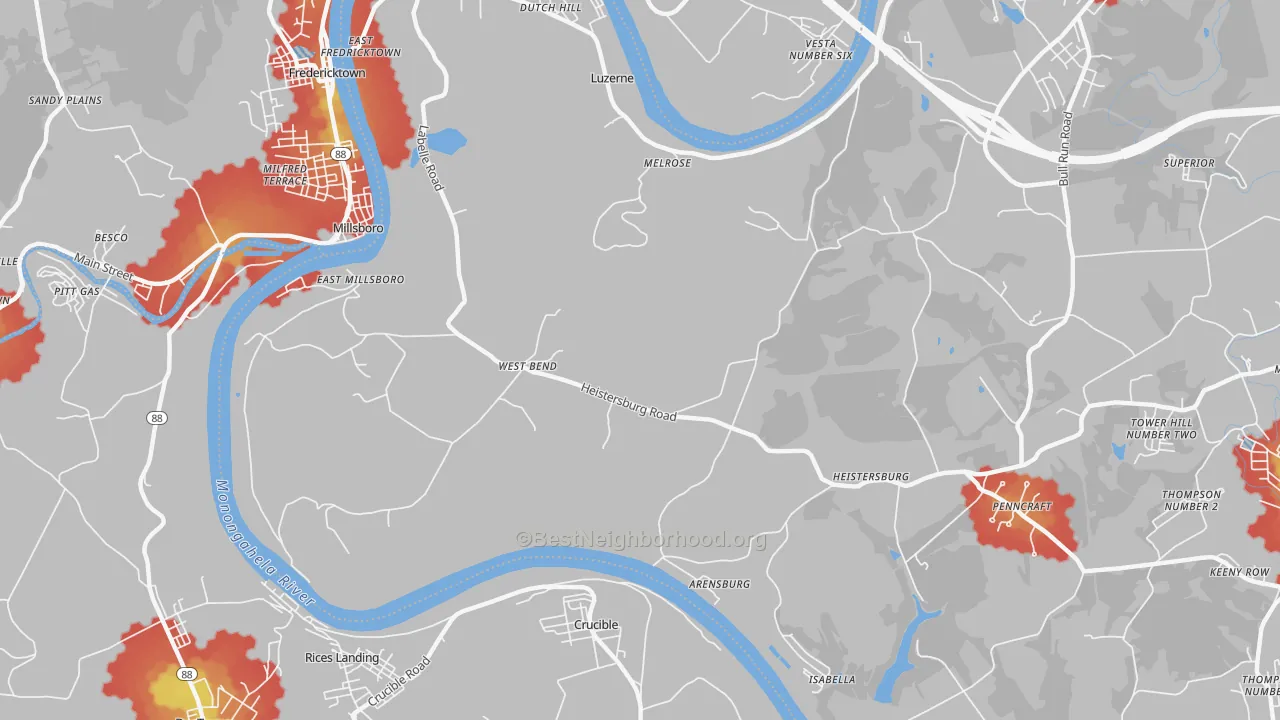 Walk Grade map of 15433, PA, walkable areas in green and car-dependent areas in red
