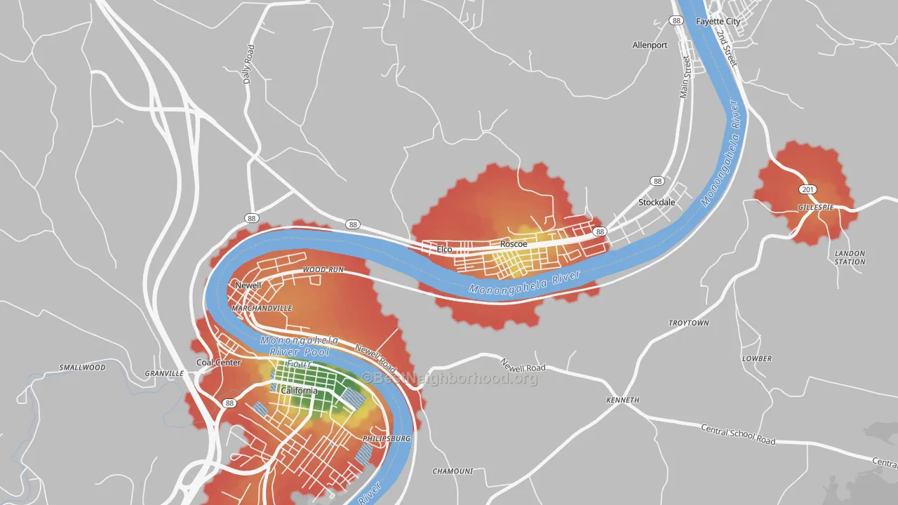 Walk Grade map of 15434, PA, walkable areas in green and car-dependent areas in red
