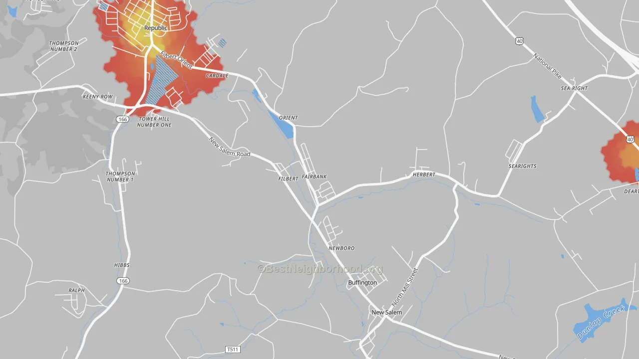 Walk Grade map of 15435, PA, walkable areas in green and car-dependent areas in red