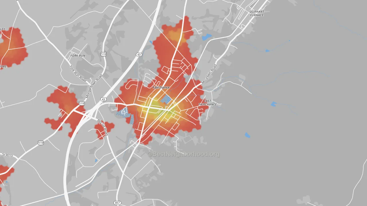 Walk Grade map of 15436, PA, walkable areas in green and car-dependent areas in red