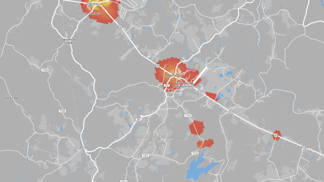 Walk Grade map of 15437, PA, walkable areas in green and car-dependent areas in red