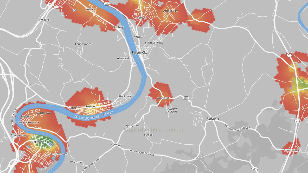 Walk Grade map of 15438, PA, walkable areas in green and car-dependent areas in red