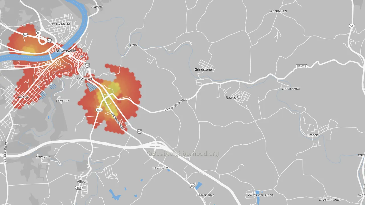 Walk Grade map of 15442, PA, walkable areas in green and car-dependent areas in red