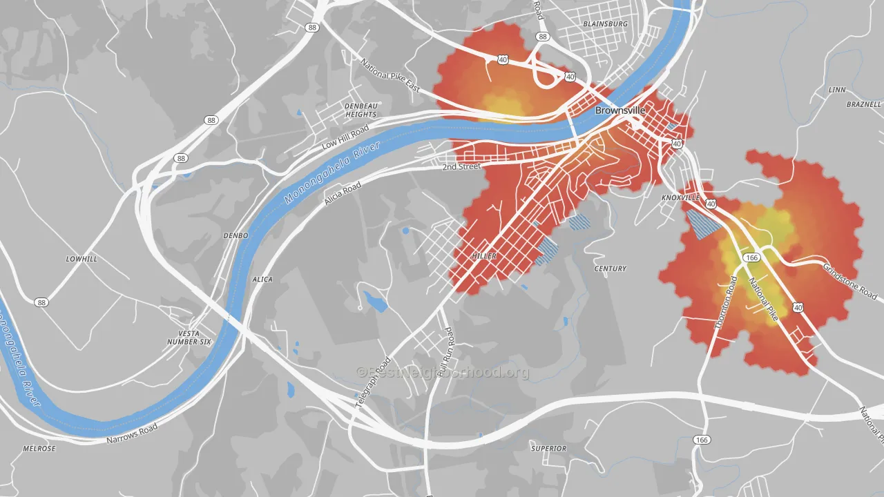 Walk Grade map of 15444, PA, walkable areas in green and car-dependent areas in red