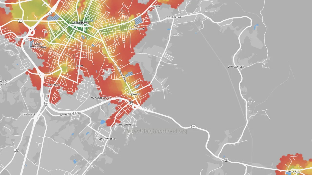 Walk Grade map of 15445, PA, walkable areas in green and car-dependent areas in red