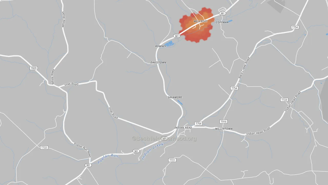 Walk Grade map of 15446, PA, walkable areas in green and car-dependent areas in red