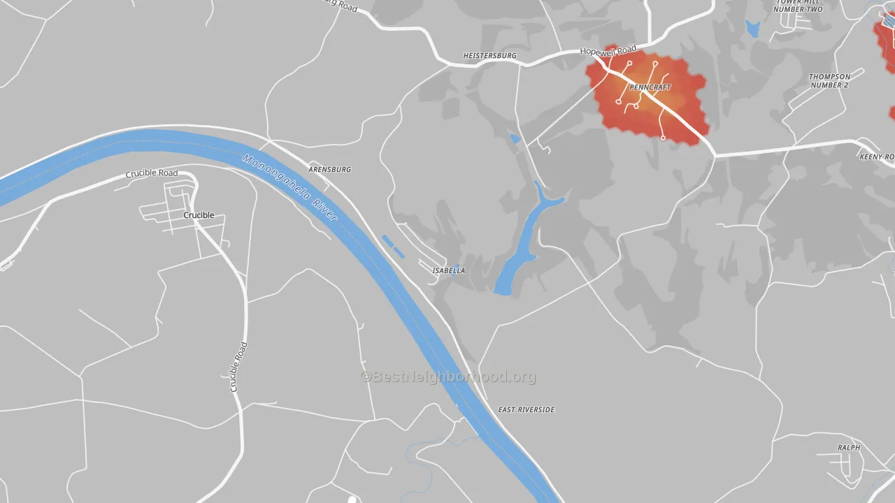 Walk Grade map of 15447, PA, walkable areas in green and car-dependent areas in red
