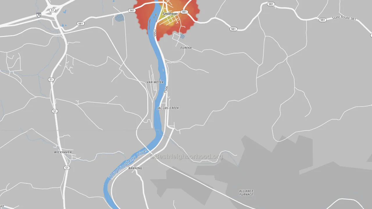 Walk Grade map of 15448, PA, walkable areas in green and car-dependent areas in red