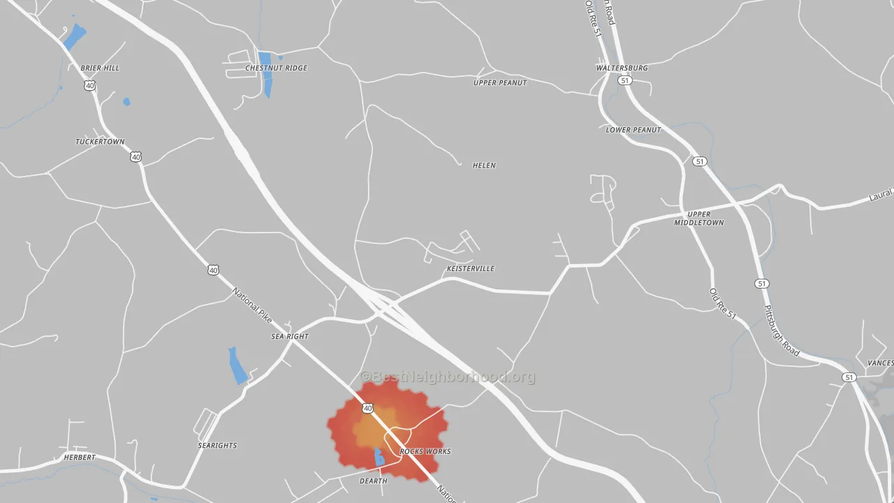 Walk Grade map of 15449, PA, walkable areas in green and car-dependent areas in red