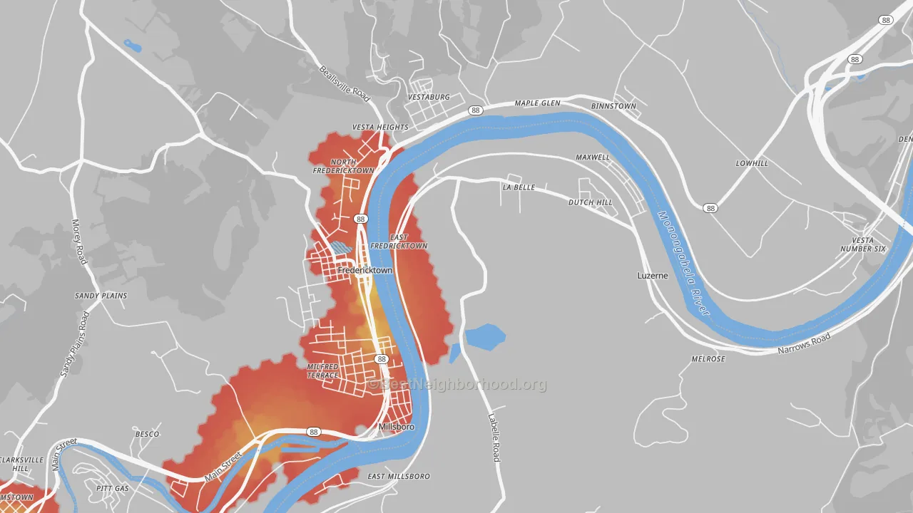 Walk Grade map of 15450, PA, walkable areas in green and car-dependent areas in red