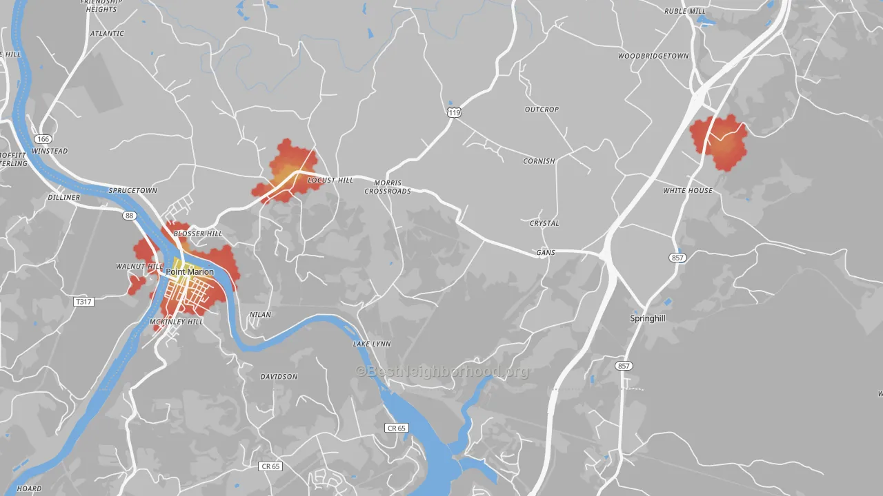 Walk Grade map of 15451, PA, walkable areas in green and car-dependent areas in red