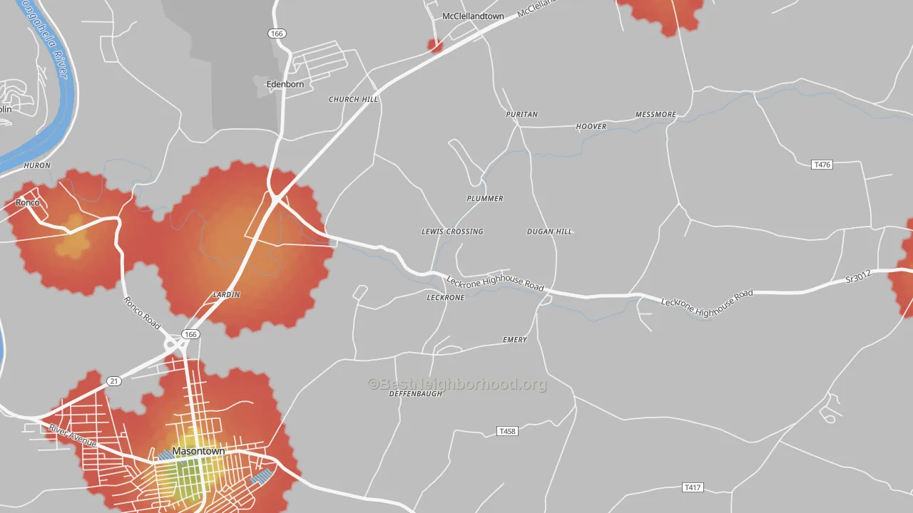 Walk Grade map of 15454, PA, walkable areas in green and car-dependent areas in red