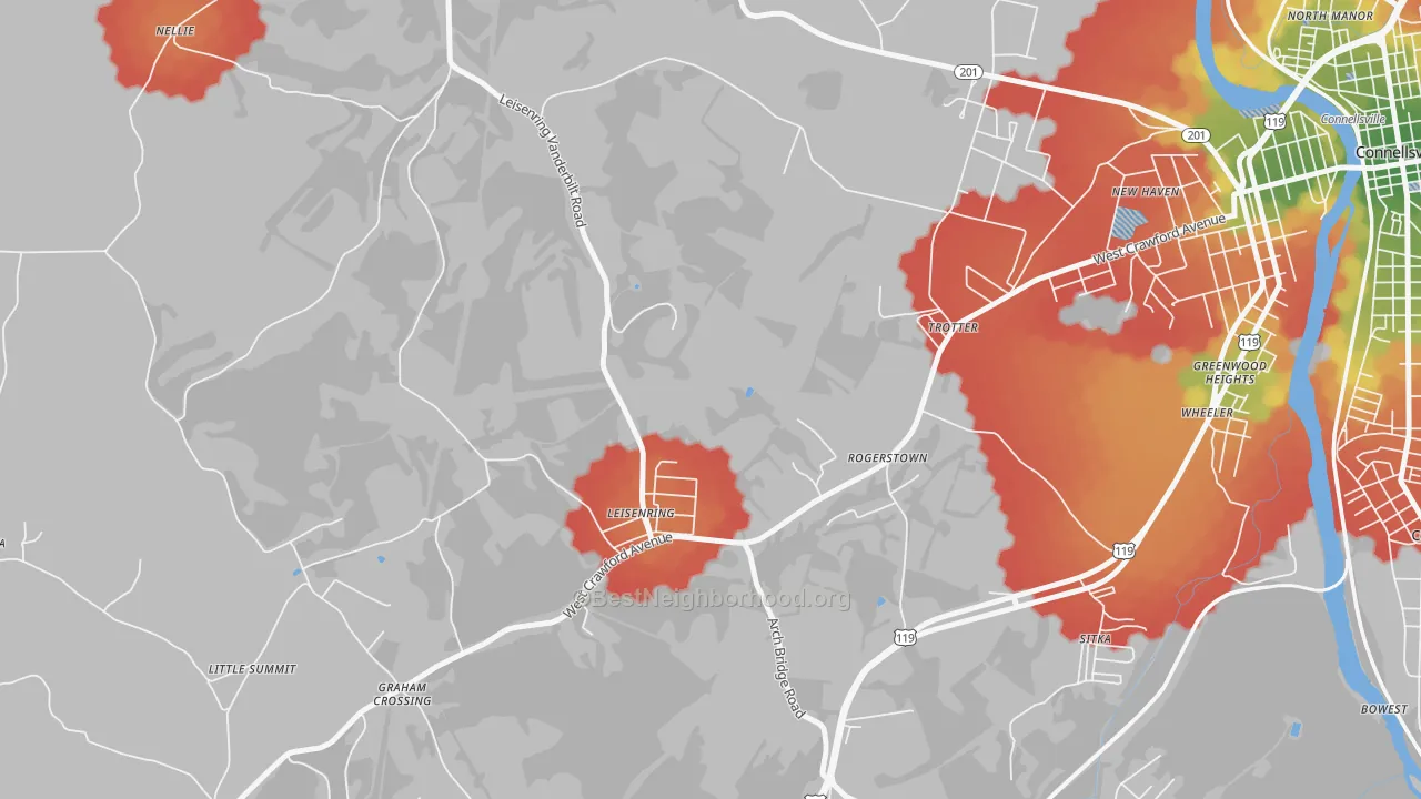 Walk Grade map of 15455, PA, walkable areas in green and car-dependent areas in red