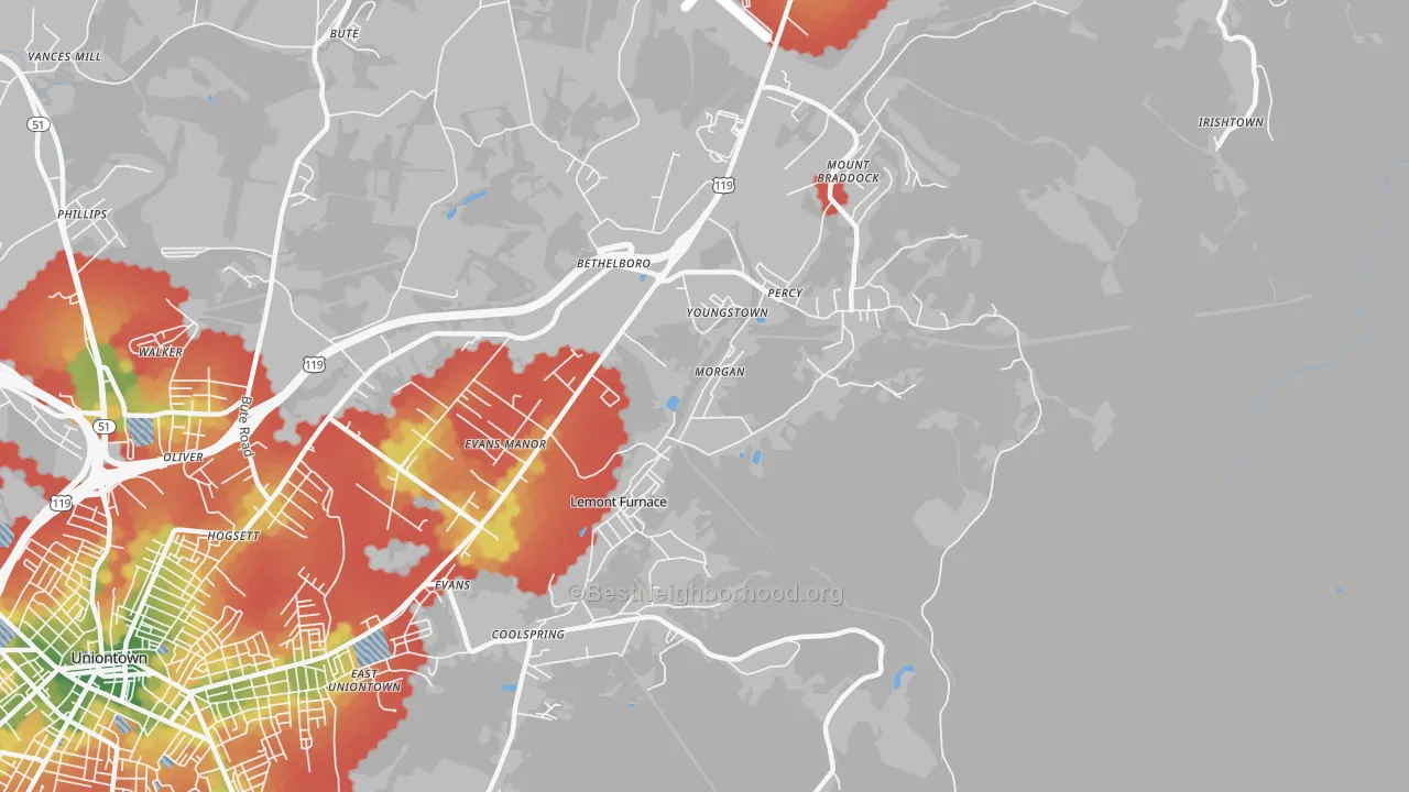 Walk Grade map of 15456, PA, walkable areas in green and car-dependent areas in red