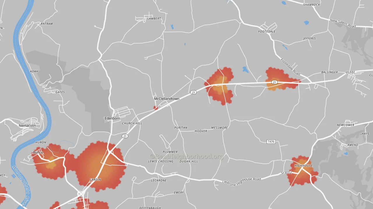 Walk Grade map of 15458, PA, walkable areas in green and car-dependent areas in red