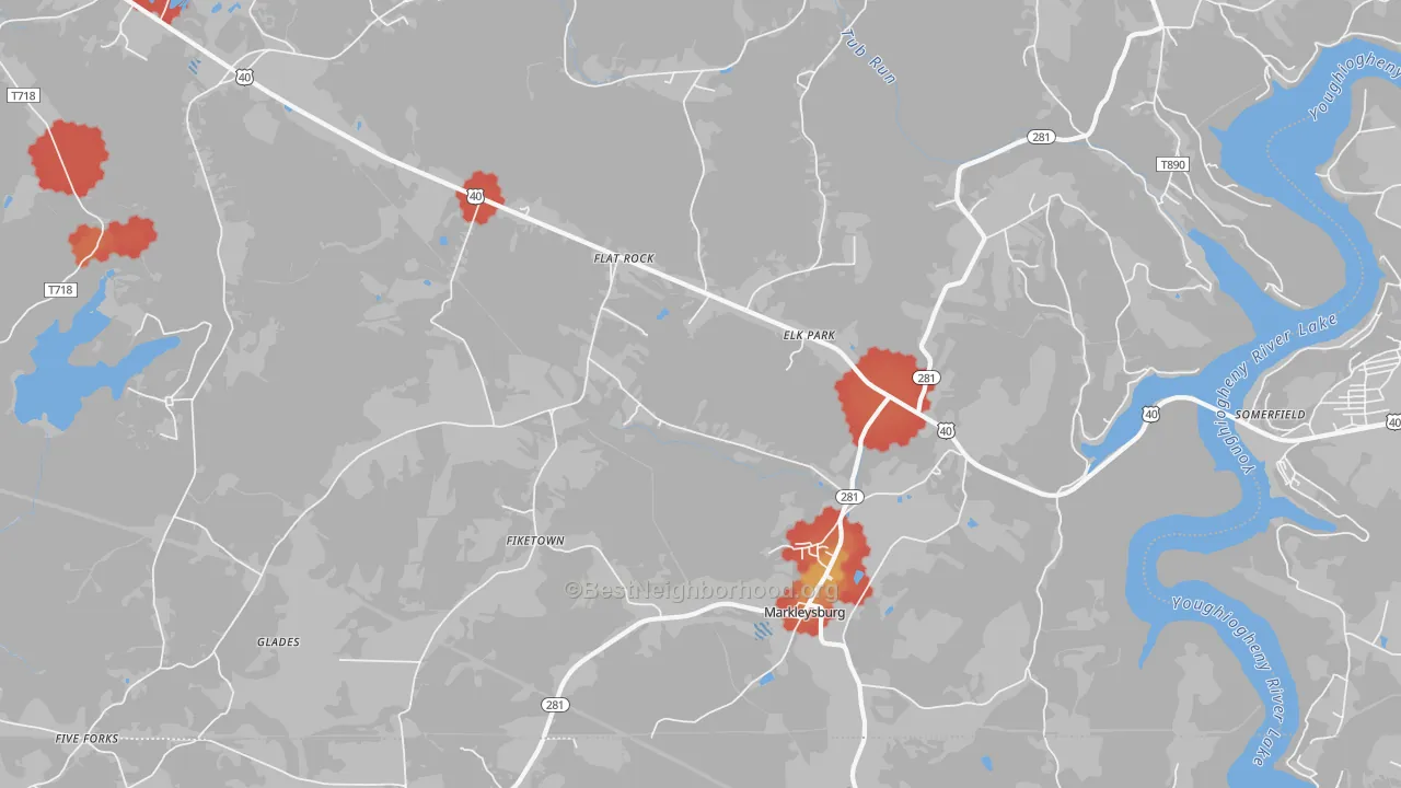 Walk Grade map of 15459, PA, walkable areas in green and car-dependent areas in red