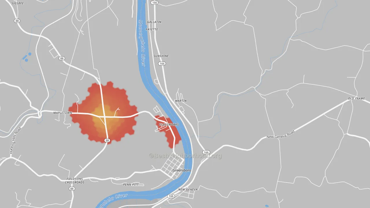 Walk Grade map of 15460, PA, walkable areas in green and car-dependent areas in red
