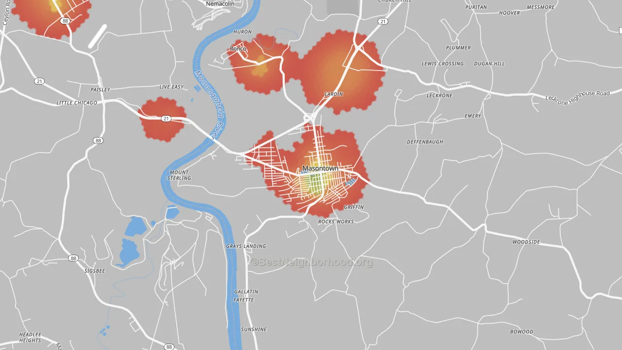 Walk Grade map of 15461, PA, walkable areas in green and car-dependent areas in red