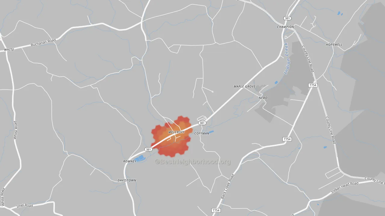 Walk Grade map of 15462, PA, walkable areas in green and car-dependent areas in red