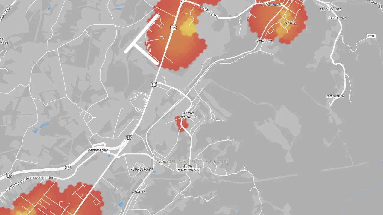 Walk Grade map of 15465, PA, walkable areas in green and car-dependent areas in red