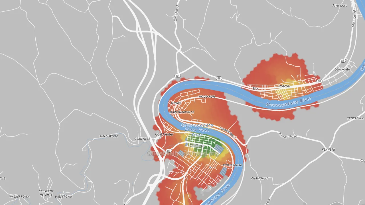 Walk Grade map of 15466, PA, walkable areas in green and car-dependent areas in red