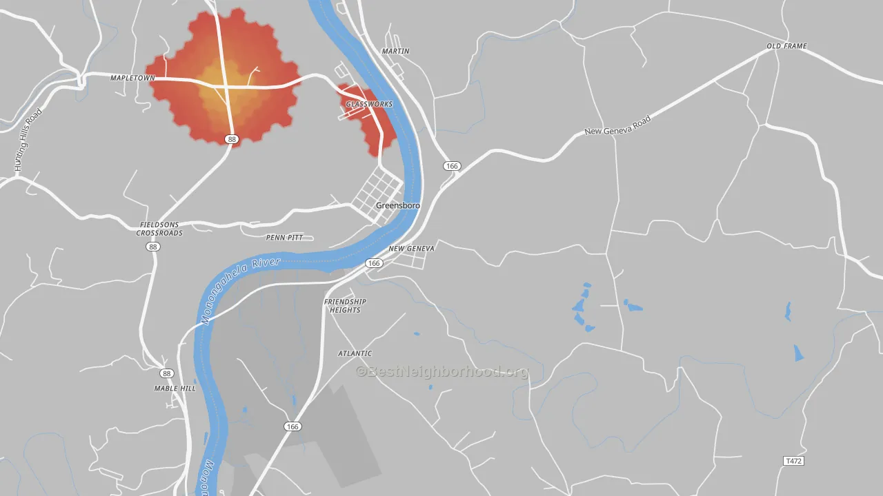 Walk Grade map of 15467, PA, walkable areas in green and car-dependent areas in red