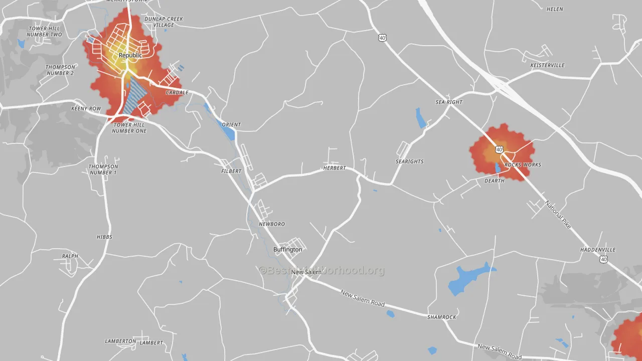 Walk Grade map of 15468, PA, walkable areas in green and car-dependent areas in red