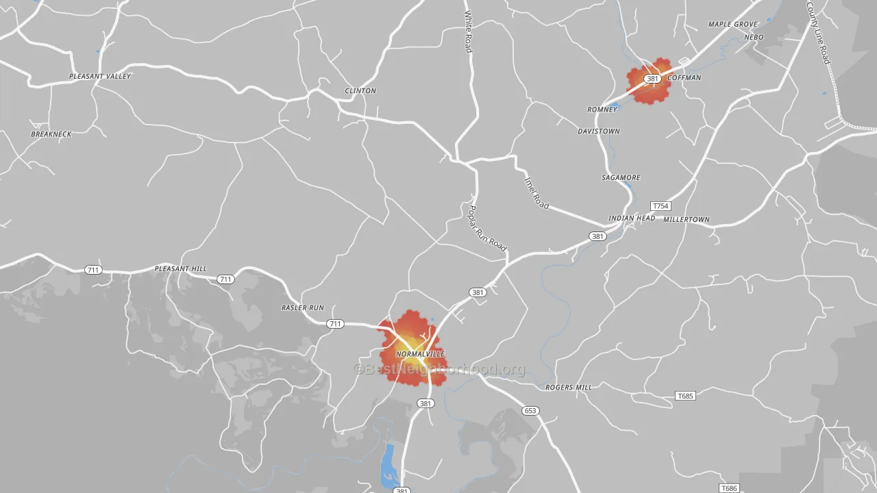 Walk Grade map of 15469, PA, walkable areas in green and car-dependent areas in red