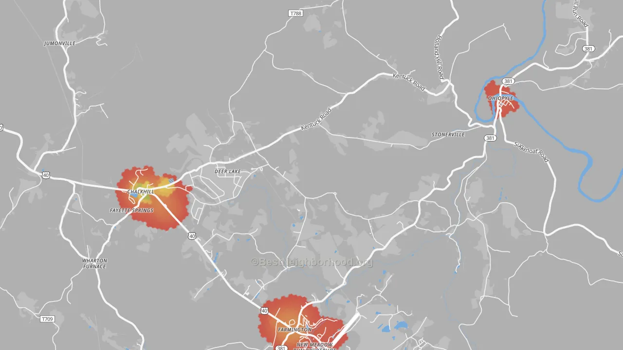 Walk Grade map of 15470, PA, walkable areas in green and car-dependent areas in red