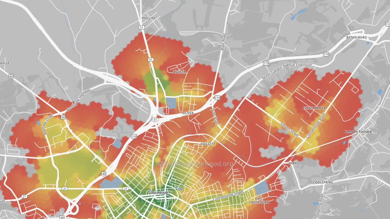 Walk Grade map of 15472, PA, walkable areas in green and car-dependent areas in red