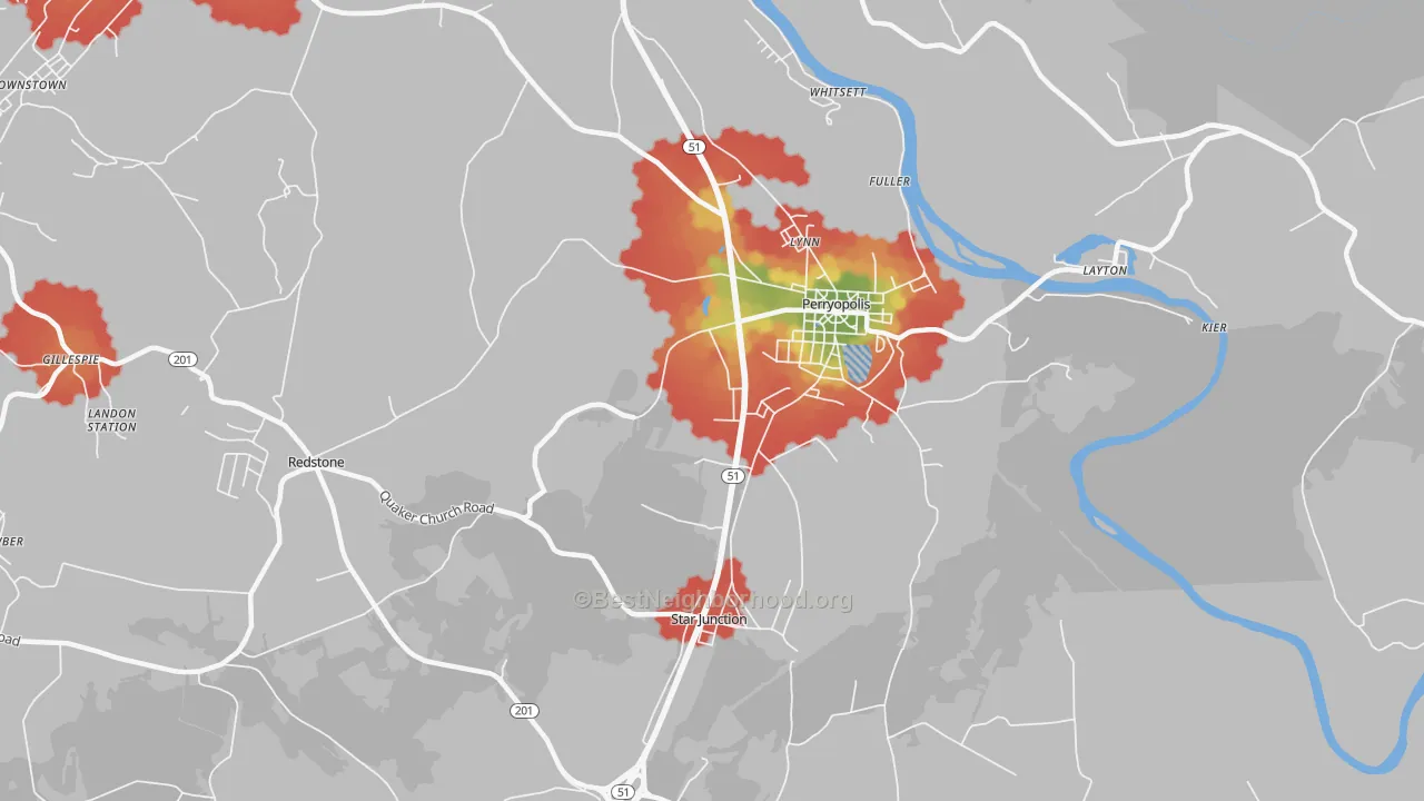 Walk Grade map of 15473, PA, walkable areas in green and car-dependent areas in red