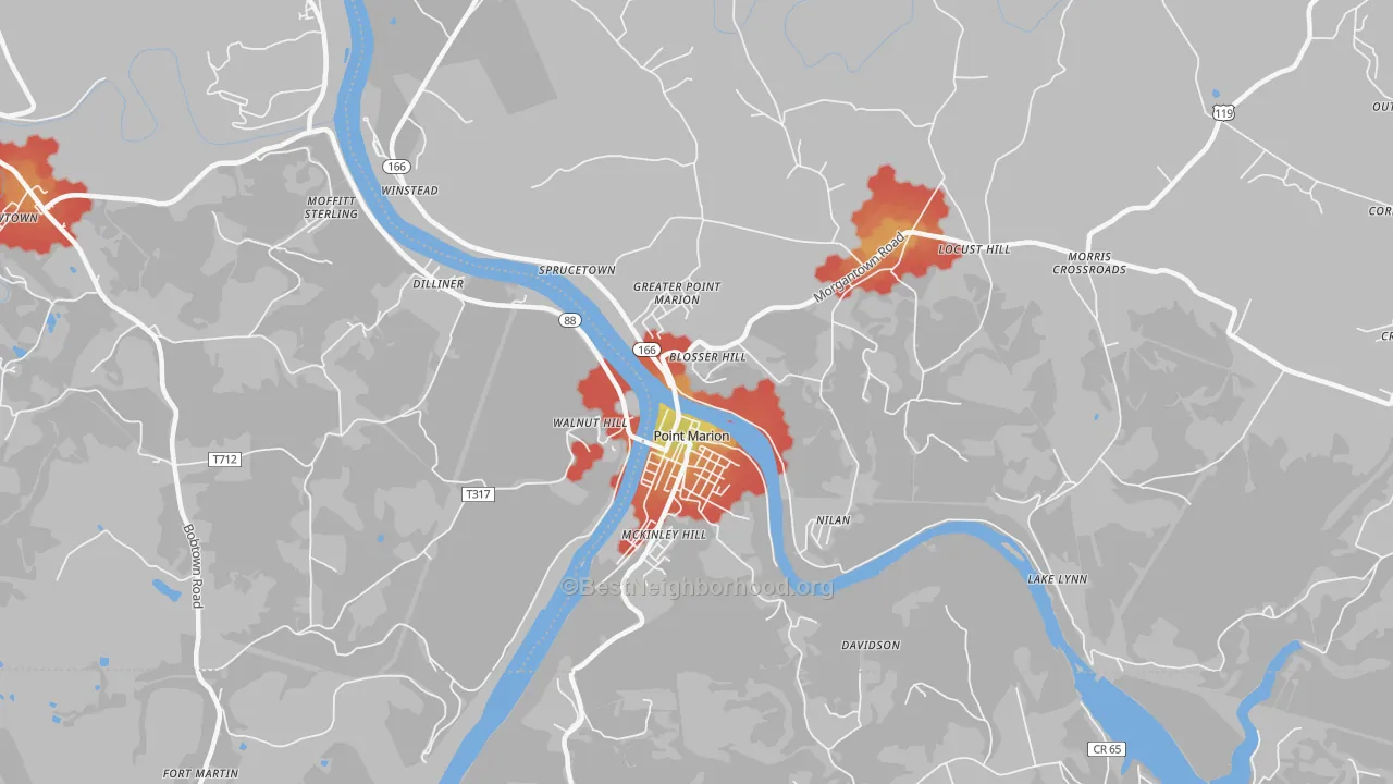 Walk Grade map of 15474, PA, walkable areas in green and car-dependent areas in red