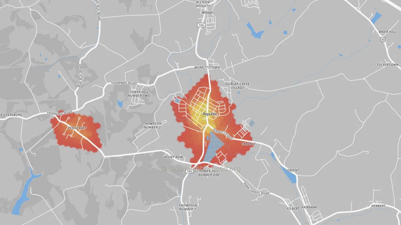 Walk Grade map of 15475, PA, walkable areas in green and car-dependent areas in red