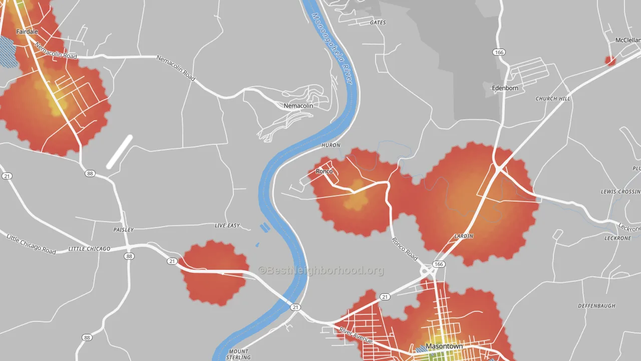 Walk Grade map of 15476, PA, walkable areas in green and car-dependent areas in red