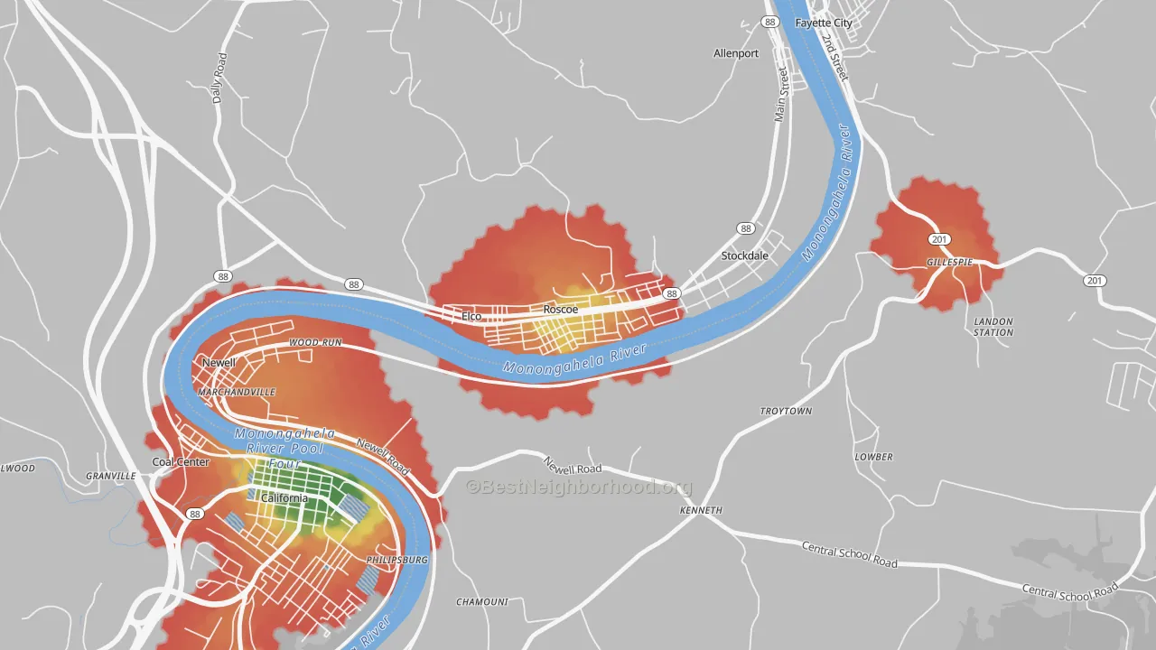 Walk Grade map of 15477, PA, walkable areas in green and car-dependent areas in red