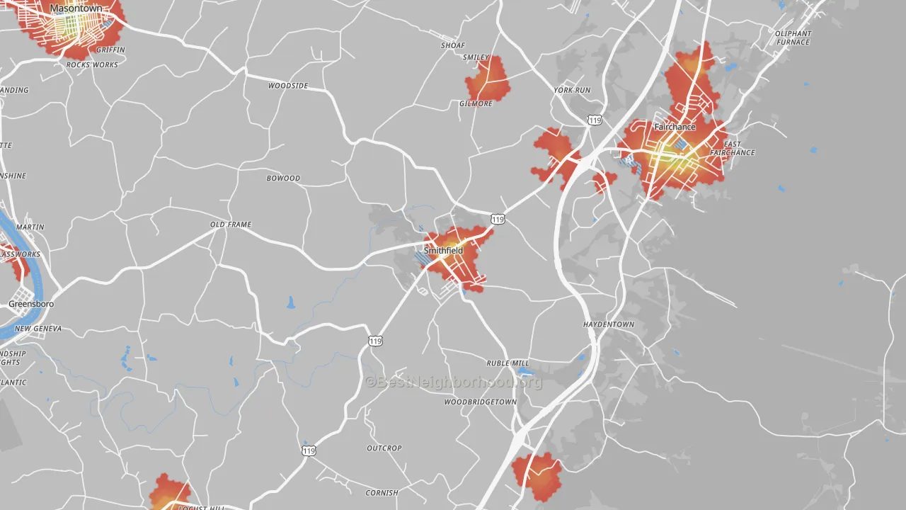 Walk Grade map of 15478, PA, walkable areas in green and car-dependent areas in red