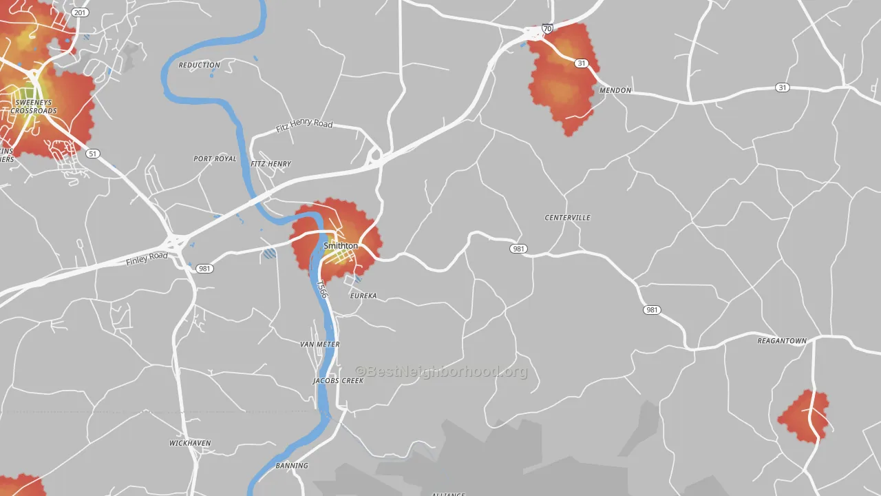 Walk Grade map of 15479, PA, walkable areas in green and car-dependent areas in red