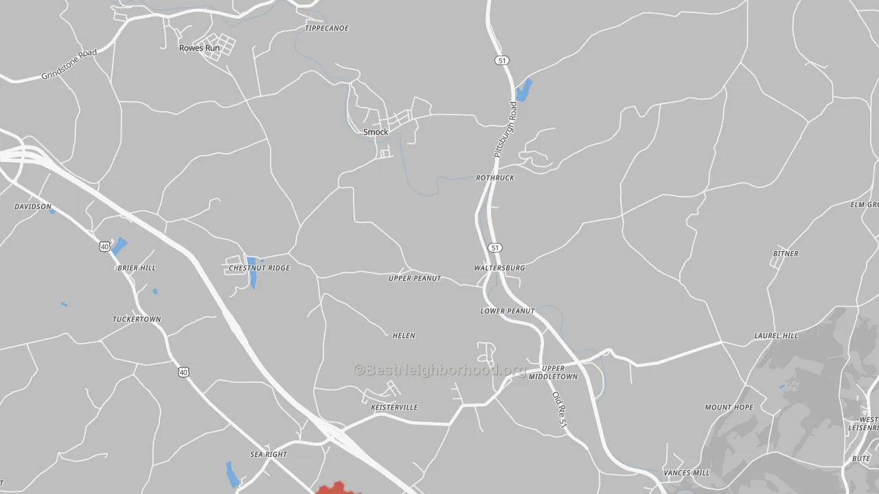 Walk Grade map of 15480, PA, walkable areas in green and car-dependent areas in red