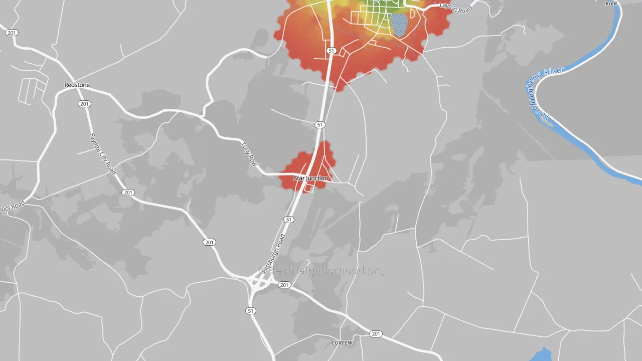 Walk Grade map of 15482, PA, walkable areas in green and car-dependent areas in red