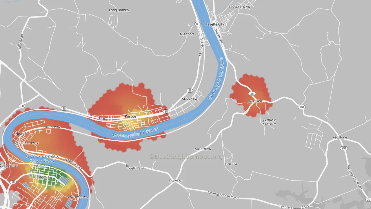 Walk Grade map of 15483, PA, walkable areas in green and car-dependent areas in red