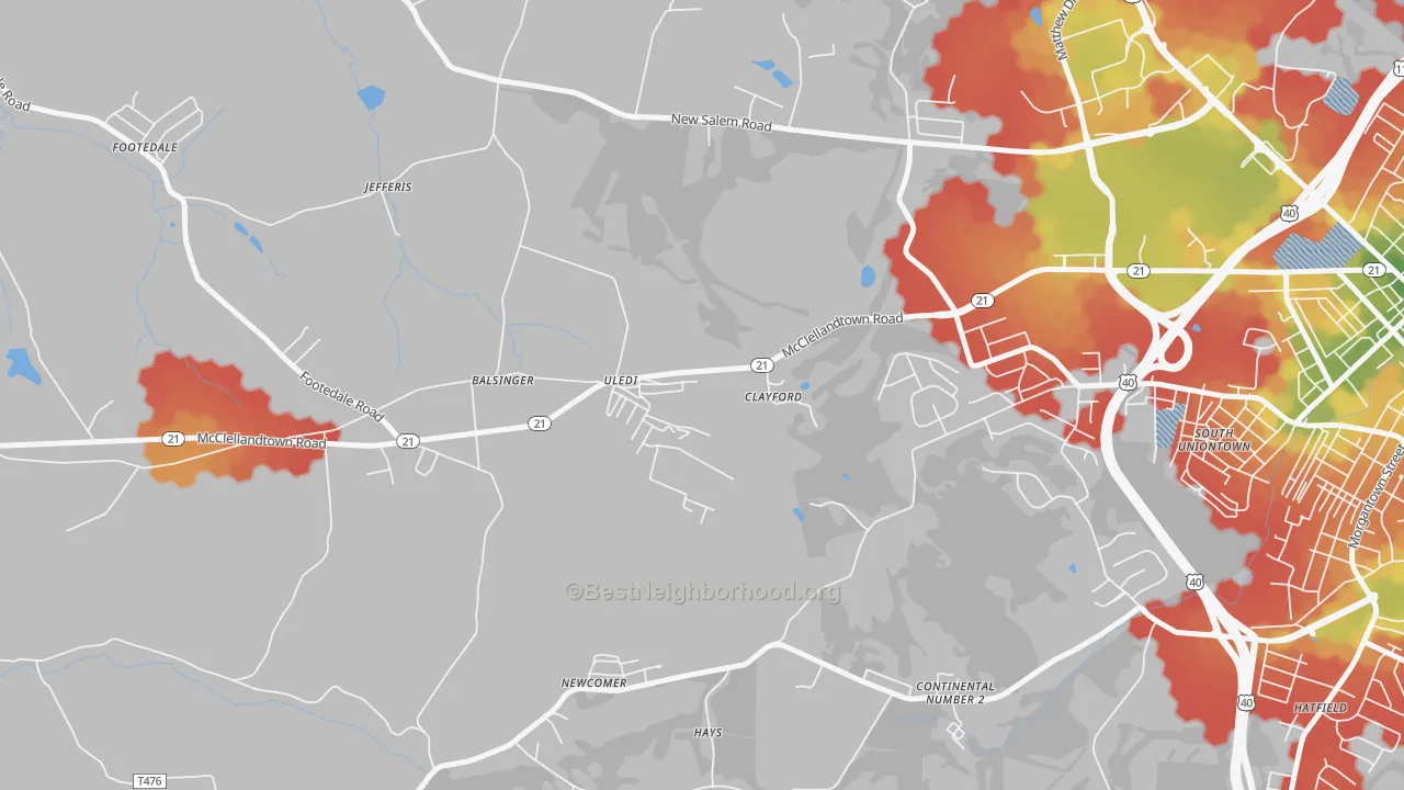 Walk Grade map of 15484, PA, walkable areas in green and car-dependent areas in red