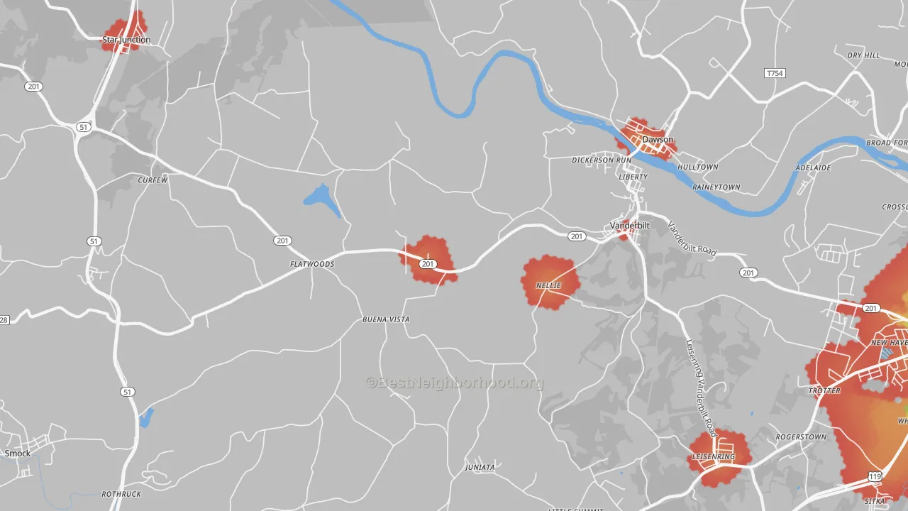 Walk Grade map of 15486, PA, walkable areas in green and car-dependent areas in red